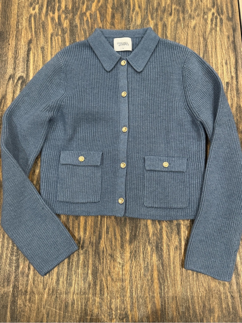 Stitches + Stripes Blue Collared Cardigan Women’s M Gold Buttons Pockets NWT